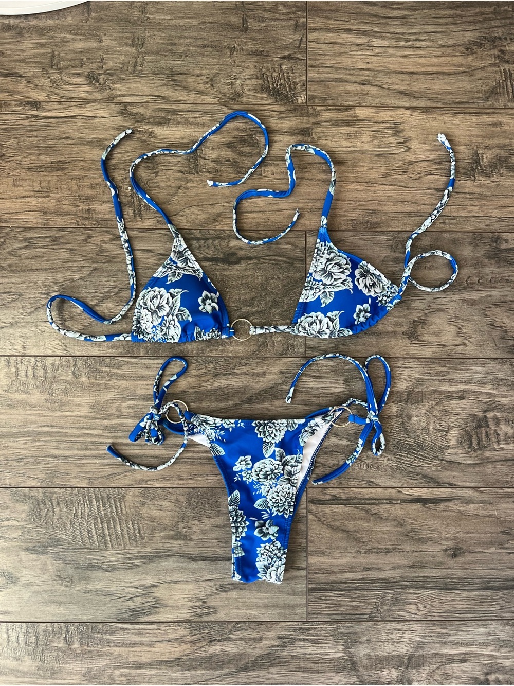 Blue Floral O-Ring Triangle Bikini Set String Tie 2 Piece Swimsuit